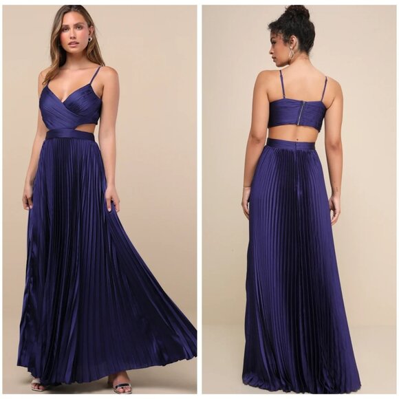 NWT Lulus - XL Got the Glam Navy Blue Pleated Cutout Maxi Dress Wedding Guest - Picture 1 of 10